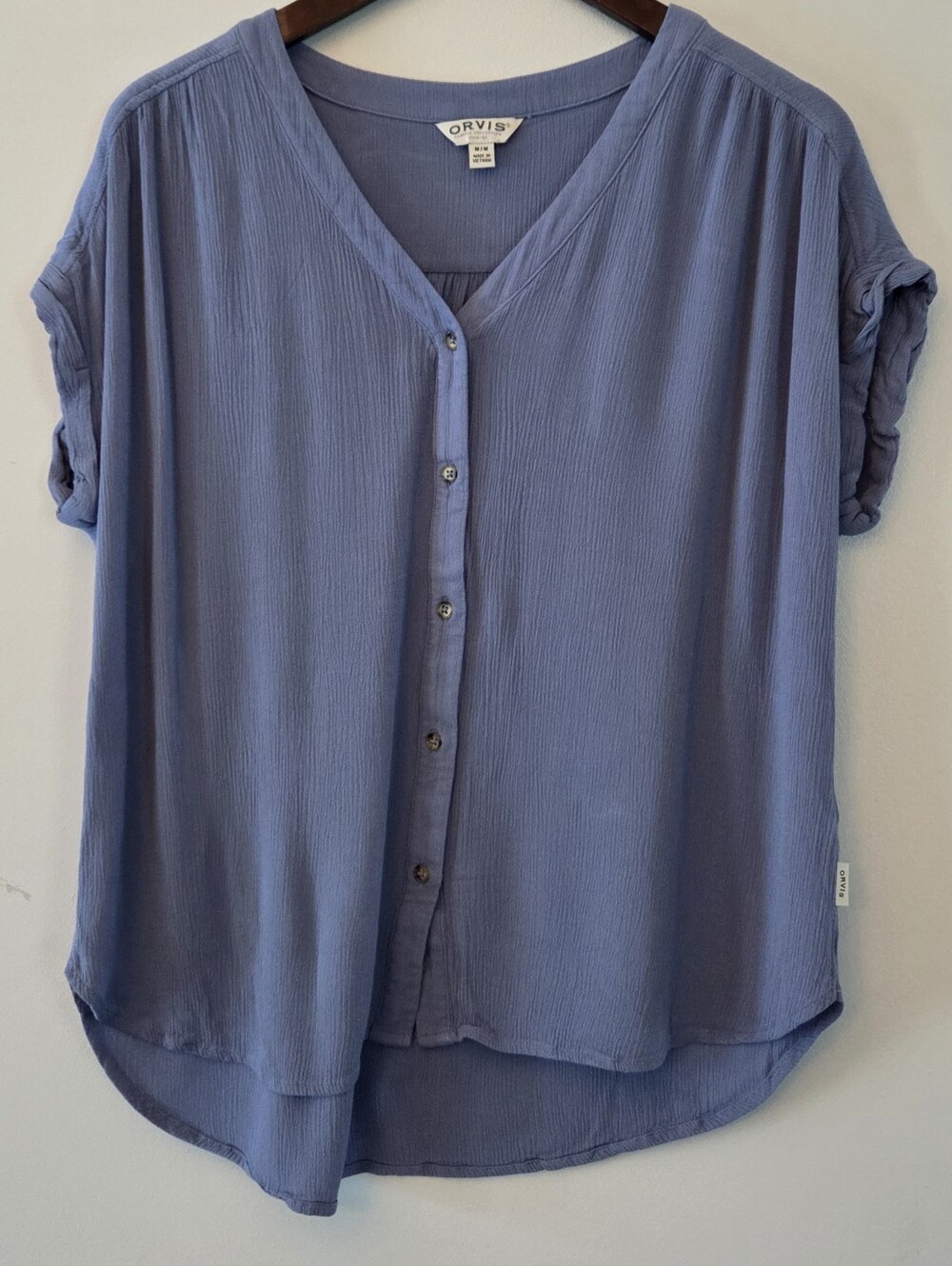 Orvis Women's Blue Button-Front Blouse With Dolman Short Sleeves  Size M